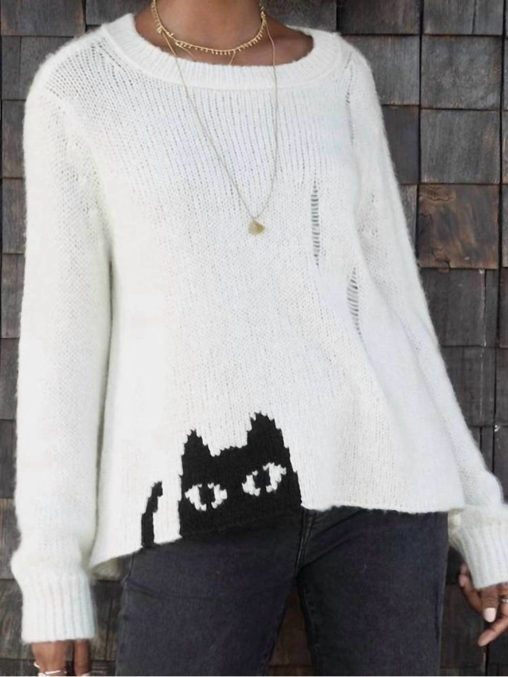 Wooden Ships Graphic Black Cat Crew Sweater Pure-Snow & Black Distressed S/M